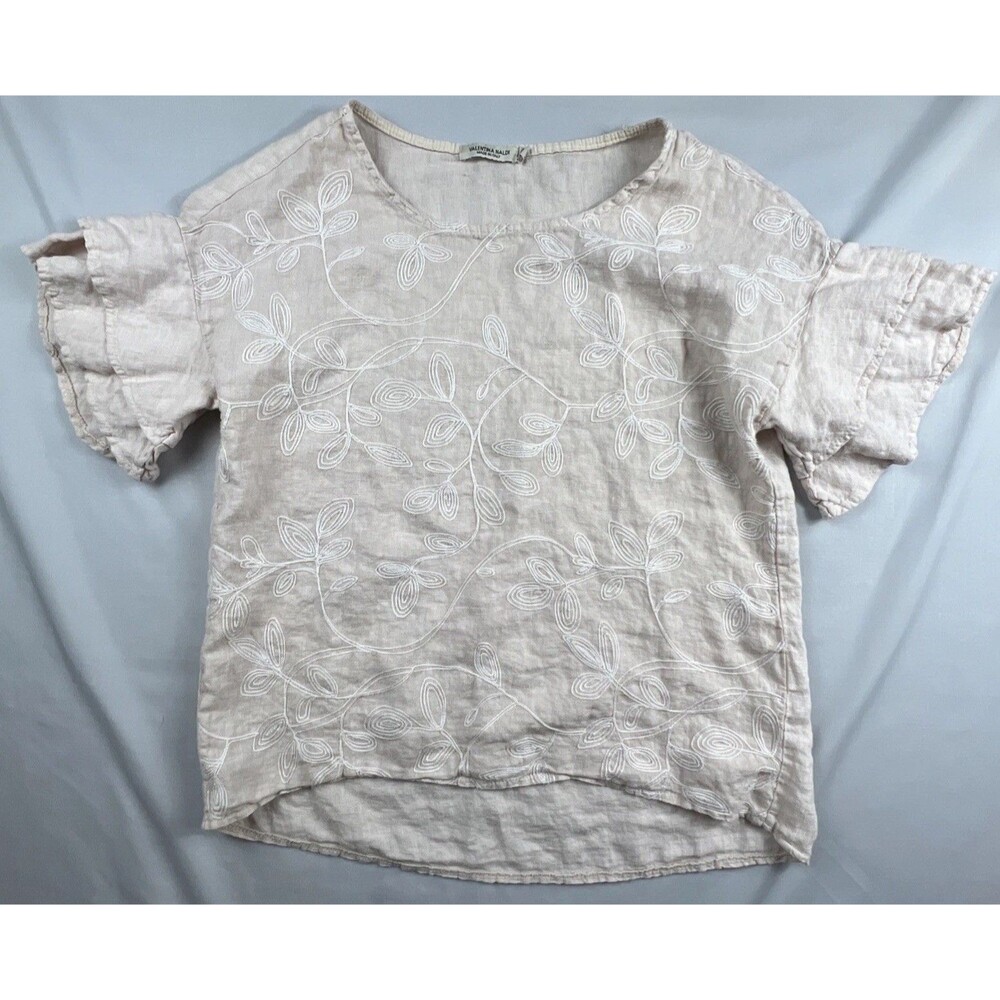 Valentina Naldi Boho Beige Embroidered Floral Linen Top Small Made In Italy